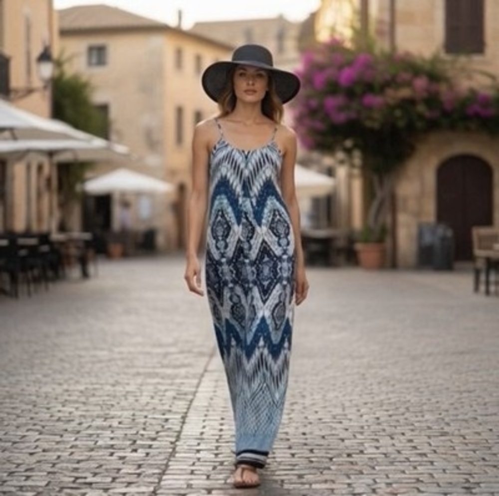 Enfocus Studio Women Maxi Dress 6 Emerald Print Blue Green White Boho Sleeveless